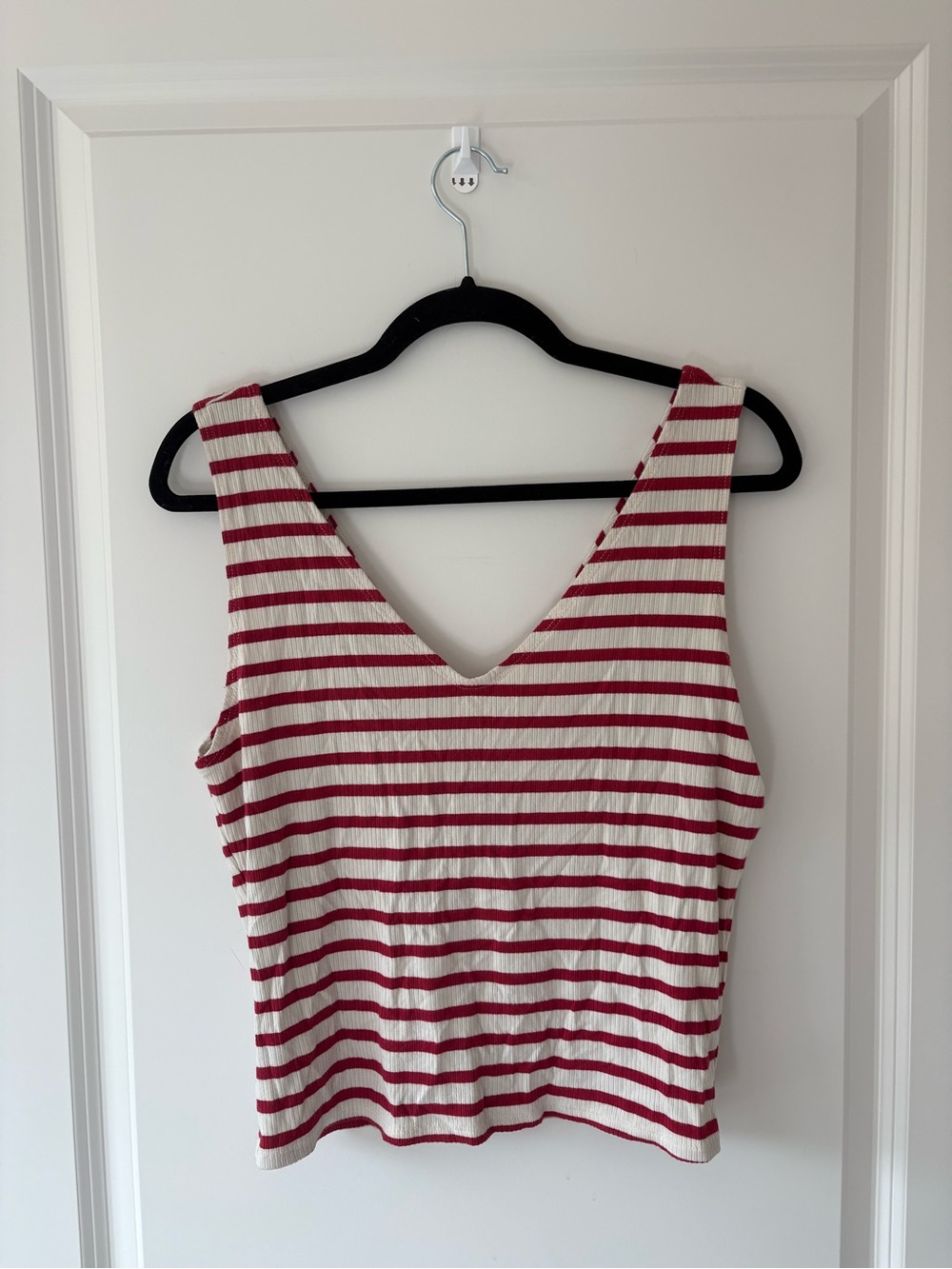 BDG Red & White Ribbed V-Neck Stripe Tank